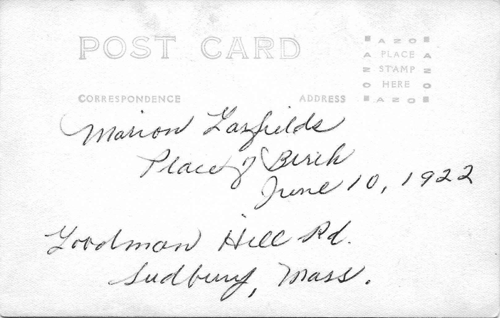 Marion Garfield Paton - Sudbury Place of Birth (Reverse Side)